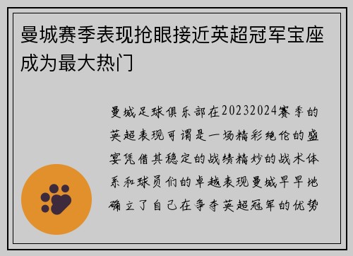 曼城赛季表现抢眼接近英超冠军宝座成为最大热门