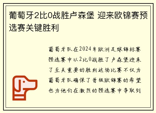 葡萄牙2比0战胜卢森堡 迎来欧锦赛预选赛关键胜利